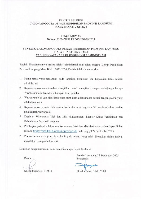 PENGUMUMAN SELEKSI  CALON ANGGOTA DEWAN PENDIDIKAN PROVINSI LAMPUNG  MASA BHAKTI 2025-2030 YANG DINYATAKAN LOLOS SELEKSI ADMINISTRASI